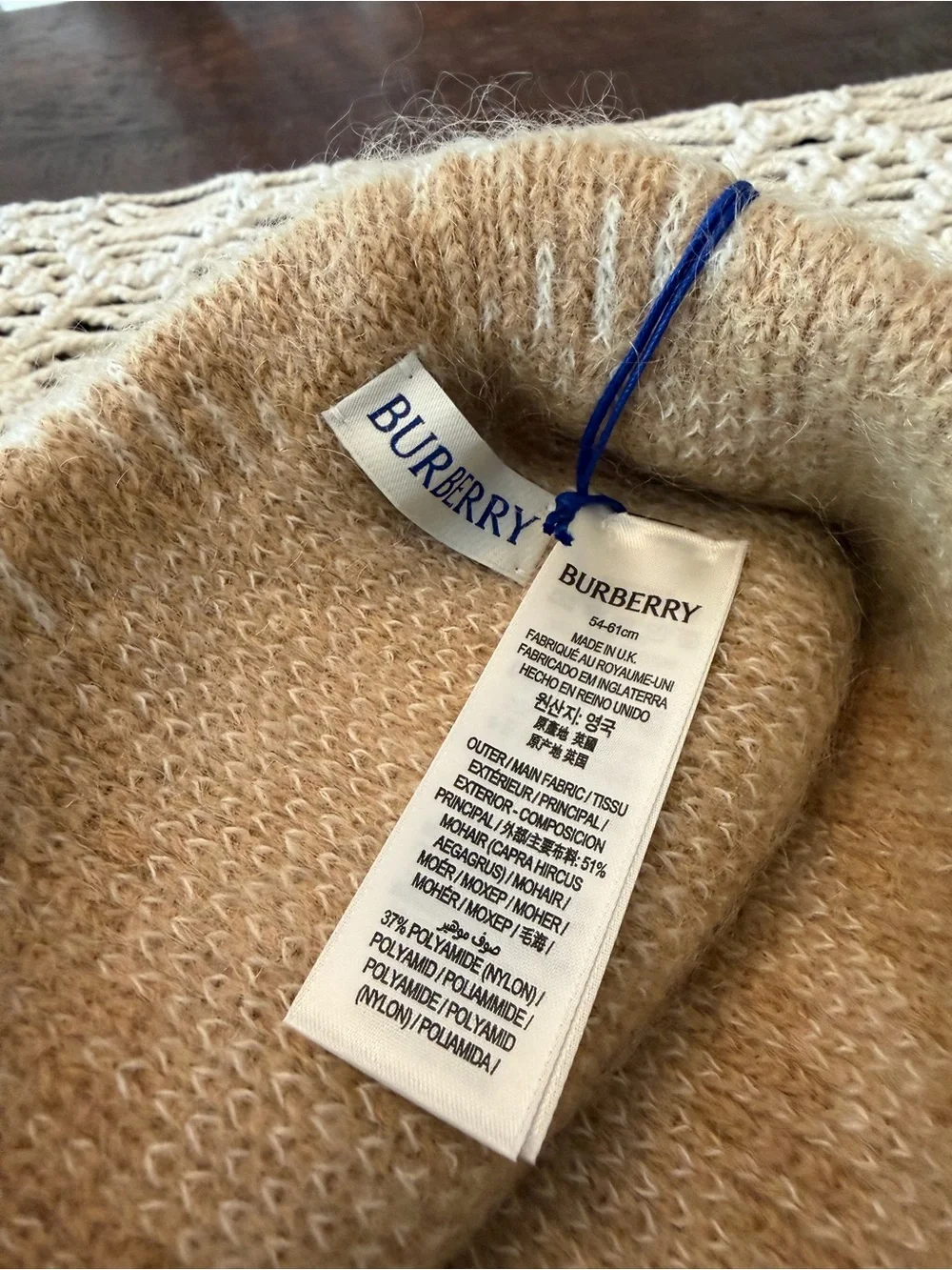 Burberry Mohair and Wool Check Beanie in Sand - One size - New with Tags